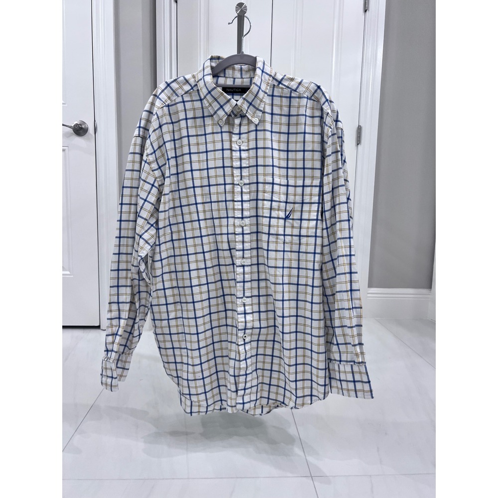 NAUTICA Men's Blue & Yelloe Plaid 80's 2 Ply Cotton Long Sleeve Shirt Size XL‎